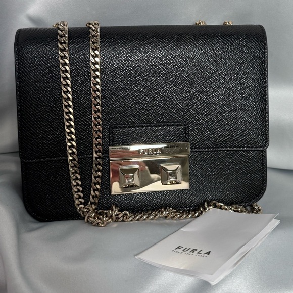 FURLA Bella Chain Crossbody Black In Gold Genuine Leather Bag